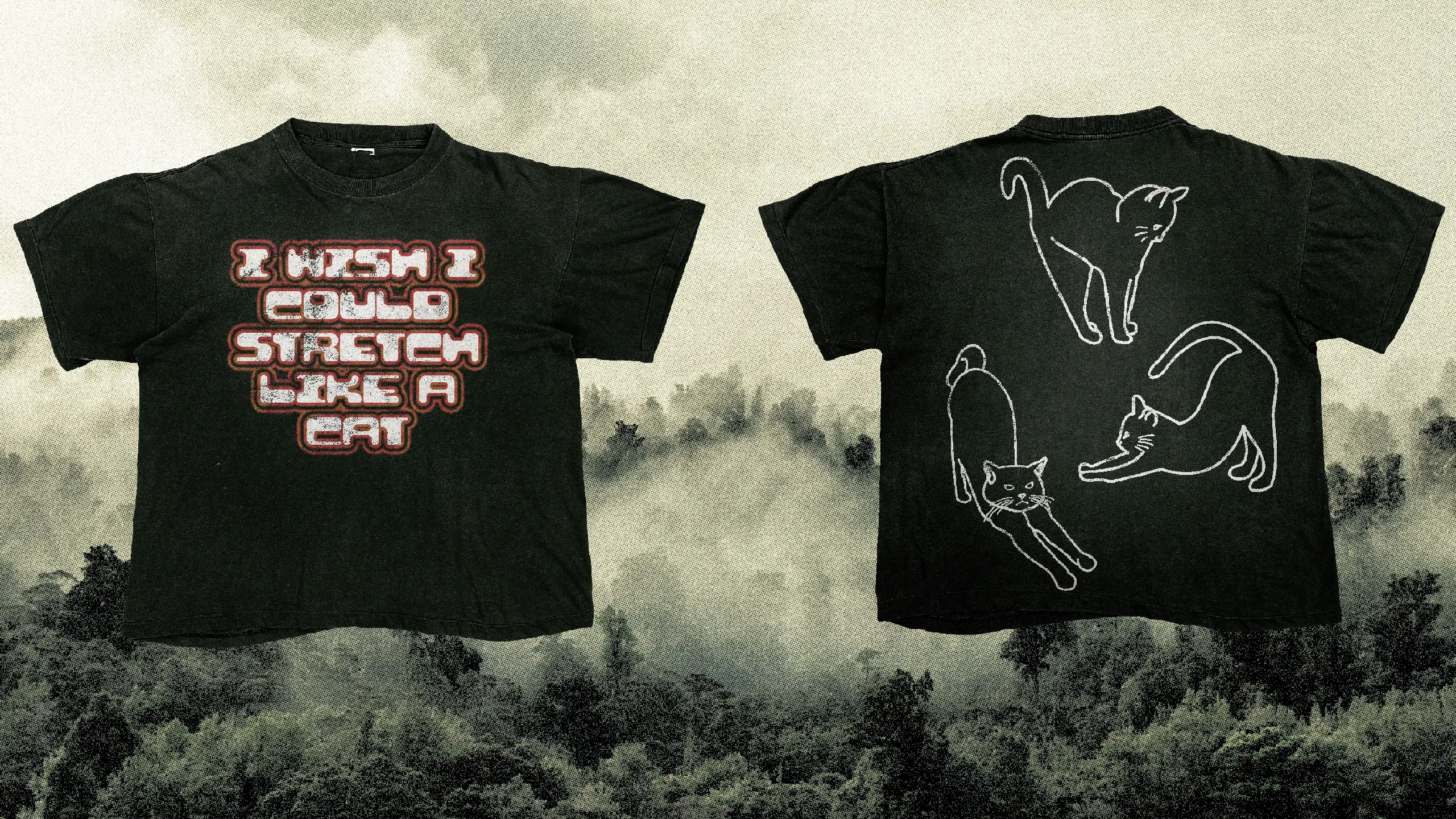 Mockup of a T-shirt with about cats stretching